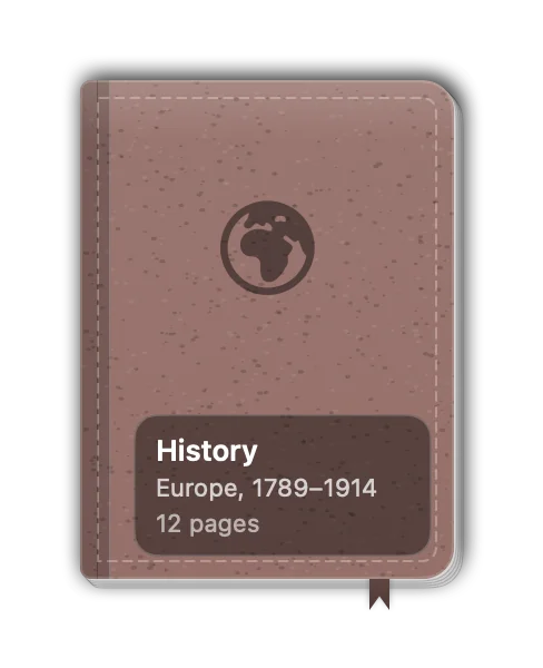 History notebook: a leather cover with a glass label and a ribbon.